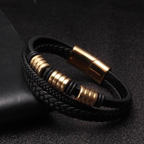 New Fashion Braided Gold Beads Stainless Steel Charm Men Women Bracelets Genuine Leather Chain Link Cuff Bracelets Pulsera