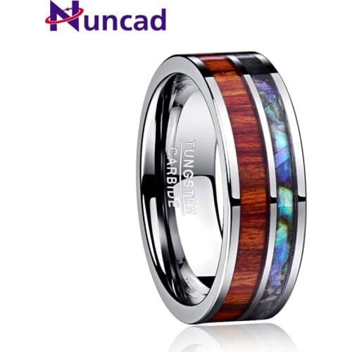 NUNCAD 8MM Wide Mens Ring Polished 100% Tungsten Carbide Ring Inlay Wood Grain Natural Shell Flat Edge Comfort Fit Size 7-12