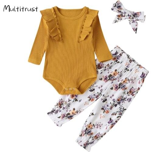 Infant Girl Clothes Long Sleevel Knitted Ruffles Bodysuit+ Floral Print Trousers + Bow Hairband 3pcs Elastic Leg Spring Clothing