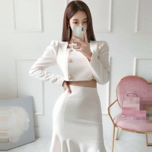 Autumn Elegant Womens White Skirt Set Square Collar Double-breasted Short Jacket Two-Piece Set Korean Clothing Female Outfit