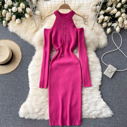 SINGREINY Women Off Shoulder Knitted Dress Long Sleeve O Neck Elastic Slim Pencil Dresses Autumn Sexy Bodycon Streetwear Dress