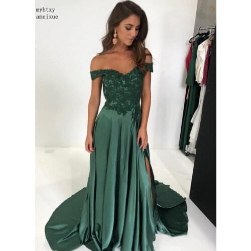 Green Muslim Evening Dresses 2020 Sexy Off The Shoulder Lace Slit Sexy Islamic Dubai Saudi Arabic Long Elegant Evening Gown