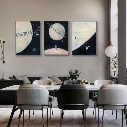 Space Poster Moon Universe Planet Astronaut Canvas Painting Nordic Black White Wall Art Pictures Modern Living Room Home Decor