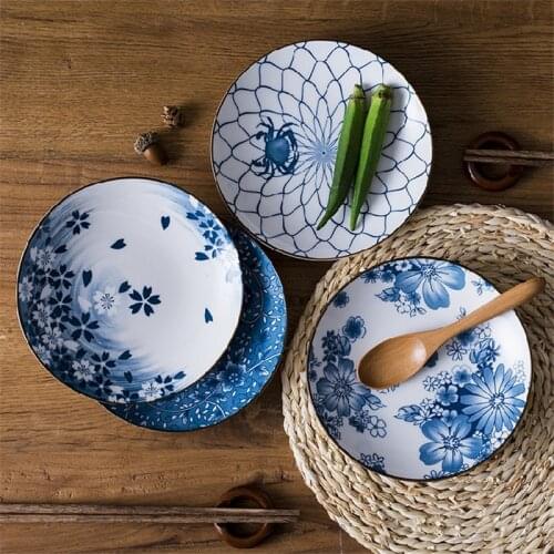 Japanese Creative Ceramic Under Glaze Dinner Plate Household Tableware Deep Soup Dish Vintage Blue and White Porcelain Plate