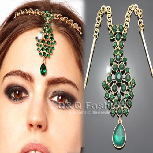 Teardrop Emeral Crystal Bindi Hair Clip Pin Chain Tikka Tiara de noiva Indian Head Piece Dancer Jewelry Wedding Accessories
