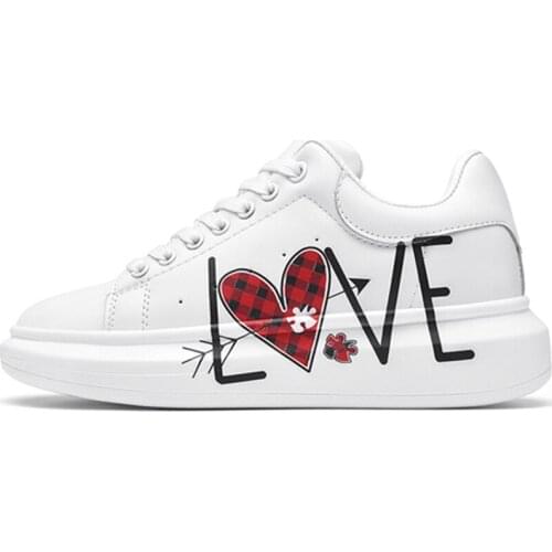 RASMEUP 2021 Trend LOVE Pattern Women White Sneakers Breathable Lace-up Ladies Flats Street Fashion Women Platform Casual Shoes