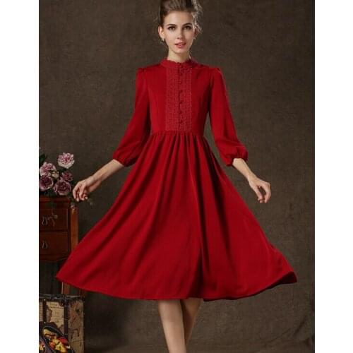 Free Shipping High Quality New Arrival Retro Stand Collar High Waist Puff Sleeve Woman Chiffon Long Dress Red