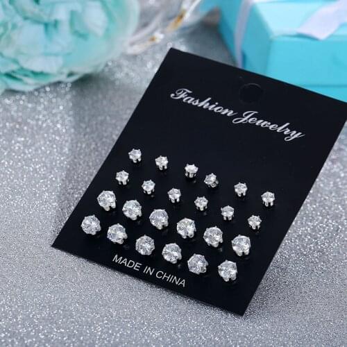 12 Pairs/Set White Rhinestone Crystal Round Metal Silver Patry Earring Jewelry Fashion Women Girl Zircon Ear Stud Earring