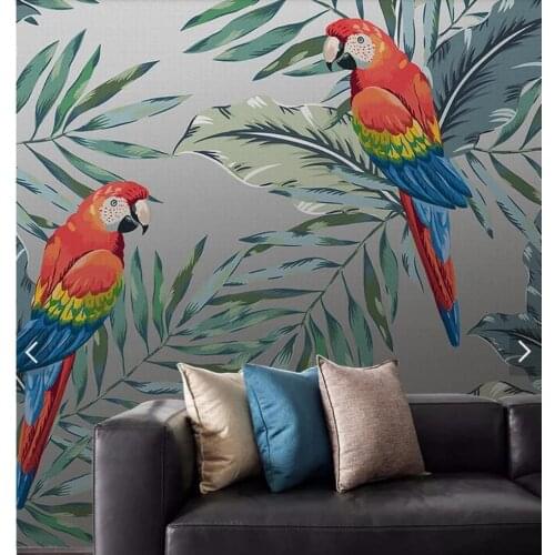 3D Murals Tropical Leaves Parrot Wallpaper Mural for Living Room Wall Decor Hand Painted Contact Paper Murals Wall Paper