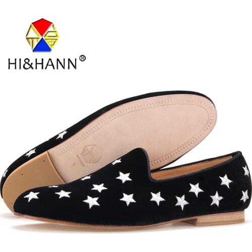 USA BRAND HI&HANN MENS BLACK VELVET SLIPPER WITH SILVER STAR EMBROIDERY AND LEATHER OUTSOLE FASHION PARTY AND WEDDING LOAFERS