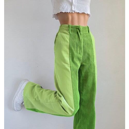 Women Retro Vintage Y2K Corduroy Pants Spring Autumn High Waist Loose Color Block Patchwork Casual Straight-Leg Baggy Trousers