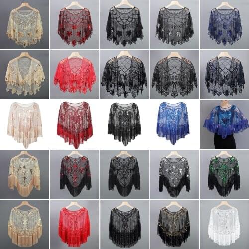 Women Vintage 1920s Shawl Wraps Sequin Beaded Evening Party Cape Bridal Shawls Bolero Flapper Cover Up