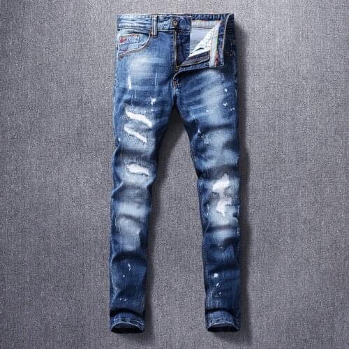 Newly Designer Fashion Men Jeans High Quality Retro Blue Elastic Destroyed Ripped Jeans Men Vintage Patchwork Denim Punk Pants