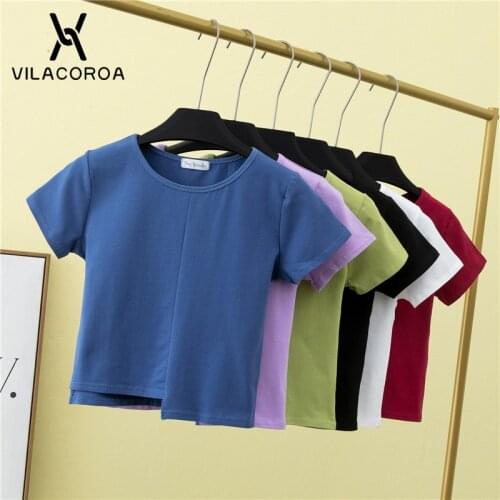 Asymmetry Hem Skinny Crop Top Womens Clothes 2021 Summer O-Neck Short Sleeve 6 Color T-Shirts Femme Basic Bottom Slim T-Tops