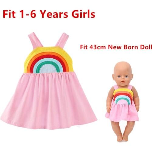 Doll and Girl Matching Embroidery Rainbow Pink Princess Dress for Girls and 18" American Dolls Clothes