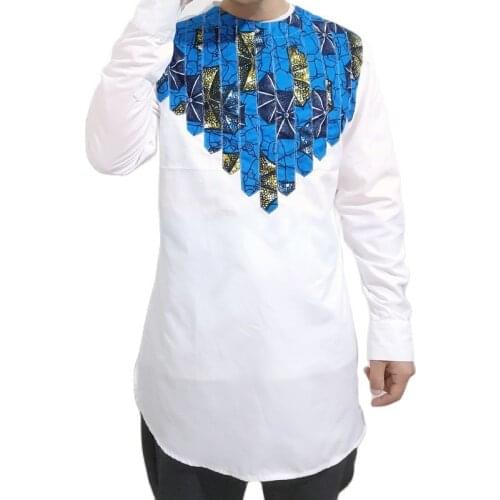 Dashiki Fashion Men Shirts Patchwork Modern Design Long Sleeve Tops White O Neck African Party Clothes Customized