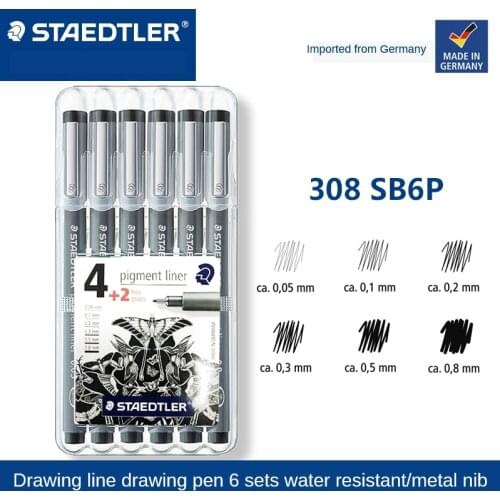 Staedtler 308 SB6P Pigment Liner Fineliner Technical Drawing Pens Assorted Line Width - Set of 6