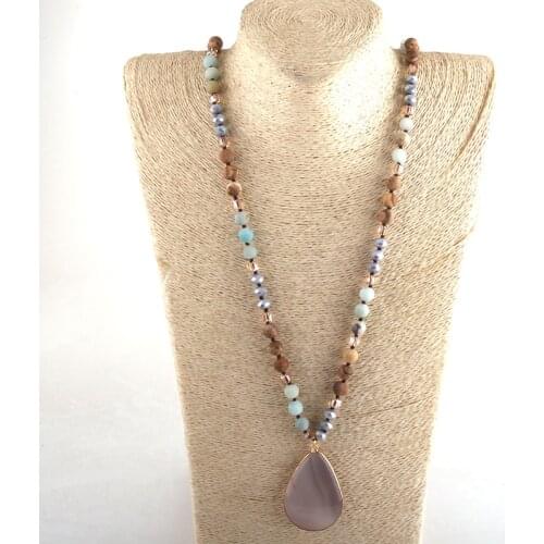 RH Fashion Bohemian Tribal Jewelry Crystal / Stone Long Knotted Agt Pendant Necklaces For Women jewelry