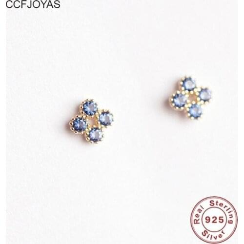 CCFJOYAS 925 Sterling Silver Plated 14K Gold Stud Earrings Mini Cute Sapphire Color Zircon Temperament Small Earrings Jewelry