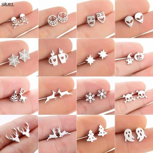 Stainless Steel Earrings Cute Animal Deer Earring for Women Kids Pumpkin Ghost Skull Snowflake Earings Christmas Jewelry Gifts