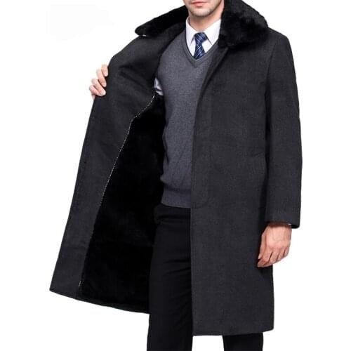 Long Trench Coat Men Brand-Clothing Real Rabbit Fur Turn-Down Collar Mens Winter Jacket Men Overcoat Black Mens Coats WUJ1178