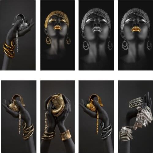Trending Africa Black Woman Gold Silver Jewelry Poster Canvas Painting Works Print Wall Home Decor Art Nordic Room Decor Picture