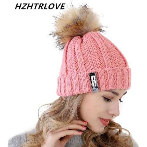 High Quality Letter B Beanies Cotton Add Wool Fur Ball Cap Pom Poms Winter Hat For Women Girl 's Hat Knitted Warm Beanies Cap