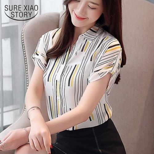 Shirts Women 2020 Summer New Korean Elegant Fairy OL Style Polyester Blouses Short Sleeve Stripe Button Tops Blusas 8854 50