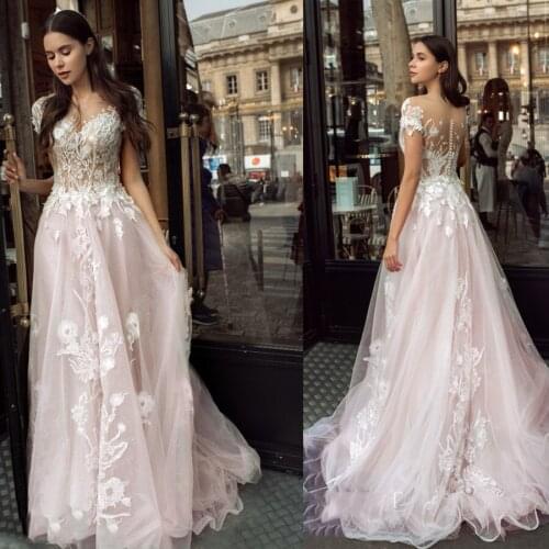 Pink Short Sleeve Wedding Dress 2020 Lace Appliques Wedding Gowns Bridal Dresses Tulle O-Neck vestido de noiva Floor Length