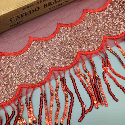1 yard 15cm Red Sequined Lace Ribbon Shiny Trims Fabric Embroidered Wedding Dress Headdress DIY Accessories Sewing Embellishment