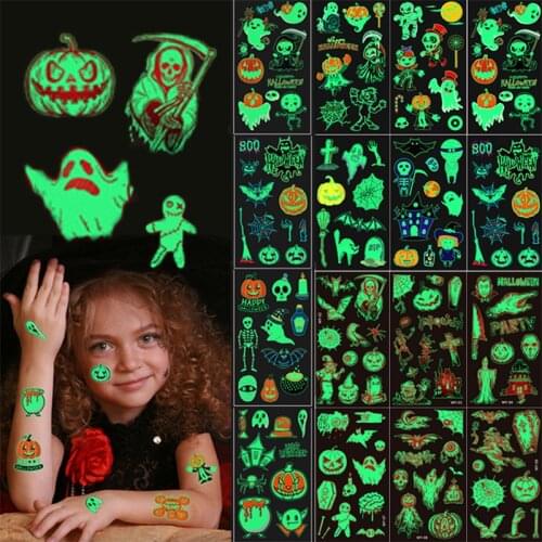 10Sheet Halloween Luminous Stickers Temporary Tattoo Pumpkin Ghost Cartoon Wall Sticker Horror Halloween Party DIY Decorations