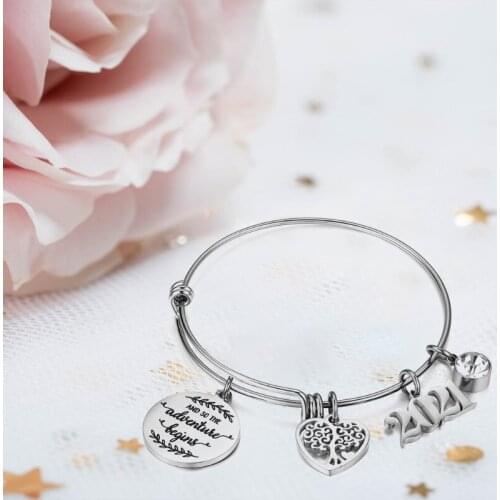 2021 Graduation Gifts Stainless Steel College High School Inspirational Pendant Charm Bracelet Metal Adjustable Bangle Jewelry