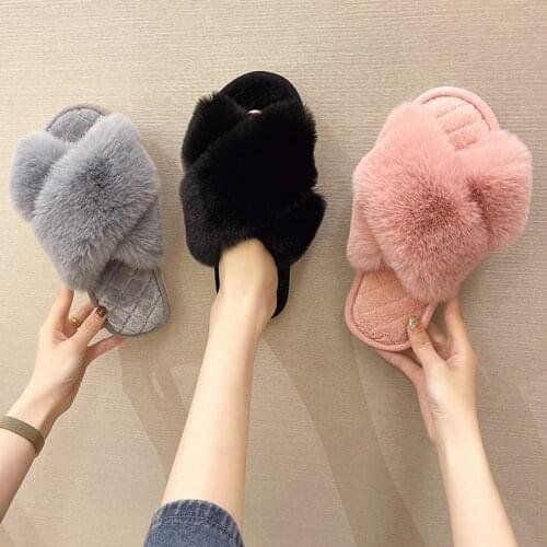 2021 Plush Slippers Winter Cross Strap Warm Fur Flat Sandals New Fashion Indoor Outdoor Open Toe Female Home Furry Slides Shoes