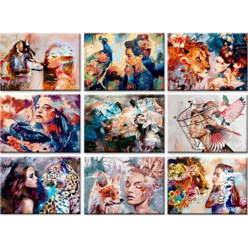 5D DIY Poured Glue Diamond Painting Kits Frameless On Canvas Women and Animals Full Round With AB Drill Painting Handcraft Gift