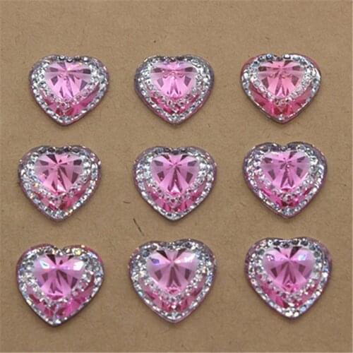 50pcs 14mm Shiny Resin Rhinestone Pink Heart Flatback Scrapbooking for Phone/Wedding Decoration Craft