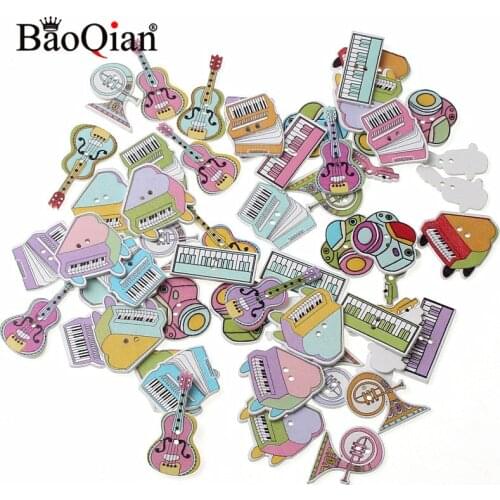 50pcs Mixed Music Equipment Wooden Buttons For Crafts Scrapbooking Accessories decorativos botones de madera para manualidades