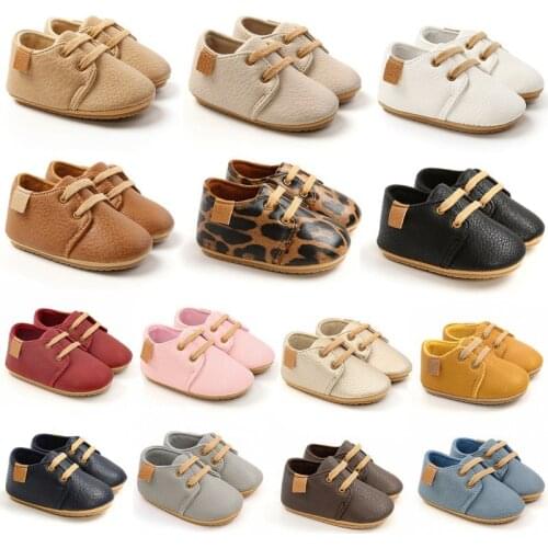 Spring PU Leather Baby Shoes Boy Girl Rubber Soft Soled Anti Slip First Walkers Toddler Infant Lace-up Crib Walking Shoes 0-18M