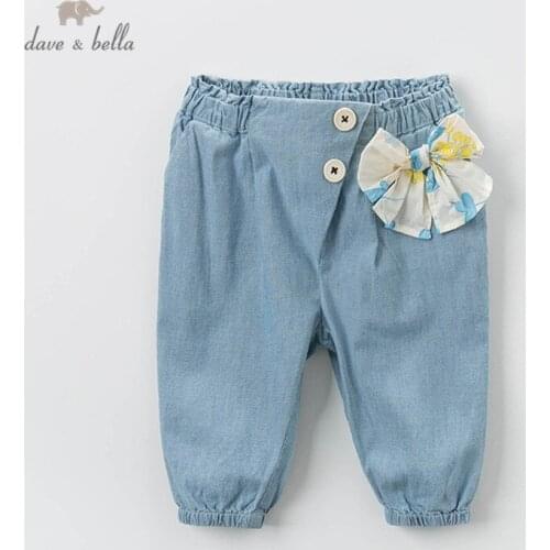DB13615 dave bella spring baby girls fashion bow solid pants children full length kids pants infant toddler trousers