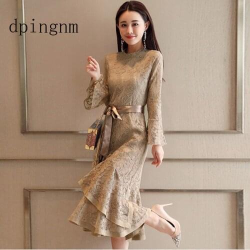 Dpingnm Elegant khaki women dress plus size Vintage o neck 2019 new autumn winter dress Flare sleeve ladies lace dress party fes