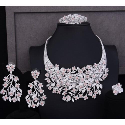 LARRAURI 2019 Luxury Big Blossom Flowers Bangle Earrings Necklace Ring Jewelry Sets Bridal Wedding Enaggement Women Jewelry Sets