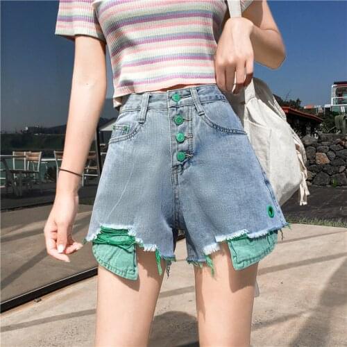 Summer Patchwork Denim Shorts Plus Size High Waist Hole Jeans Short Casual Harajuku Streetwear Women 8819
