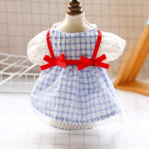 Summer Autumn Dog Dresses Blue Plaid Cotton Pure And Fresh Gauze Pet Cat Skirts For Dogs Chihuahua Webbing Bowknot Puppy Clothes