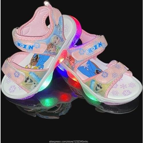 Girls' Sandals Summer New Korean Version of Frozen Childrens Sandals Led Luminous Lights Childrens Beach Shoes Original Disney