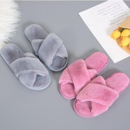 Fashion Women Slipper Casual Comfort Cross Furry Slipper Home Warm Slipper Female Light Flat Sandals Plus Size Fluffy Slippers