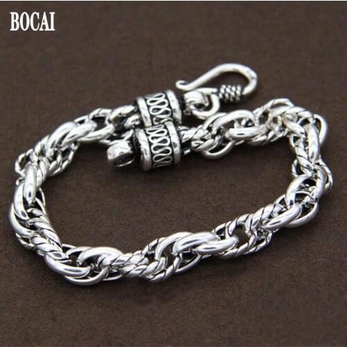 8MM New Real S925 Silver Mens Bracelet Retro Twisted Pattern Hemp Rope Exaggerated Personality Punk Jewelry