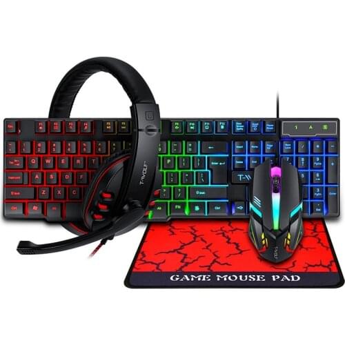 4Pcs Gaming Devices Set 104 Keys LED Backlit Gaming Keyboard 1200DPI Mouse 50mm 3.5mm Wired Headset Anti-slip Mouse Pad Combo