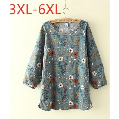 New 2021 summer plus size tops for women large loose cotton floral print flower O neck T-shirt blue 3XL 4XL 5XL 6XL