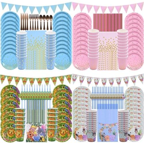 Birthday Disposable Tableware Set Pink Blue Paper Plates Paper Cups for Jungle Party Wedding Supplies Birthday Party Cake Plates