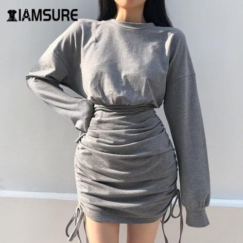 IAMSURE 2020 Autumn Solid Grey Casual Basic Women Dresses Streetwear Fahion Drawstring Dress Korean Style O-Neck Short Dress