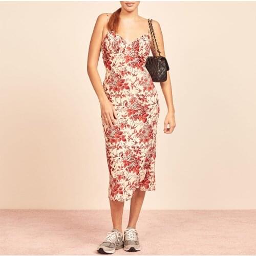 Dresses For Women 2021 Elegant Vintage Floral Print Summer Dress Ruffle Edge V Neck Sleeveless Spaghetti Strap Sexy Midi Dress